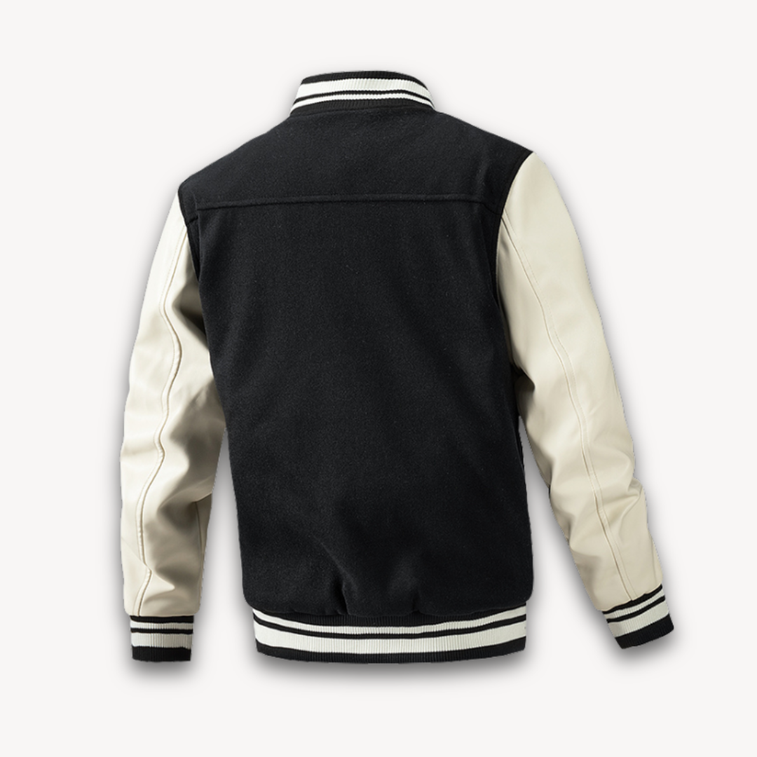 Clara Vienne | Men's Varsity Jacket - Wool Blend Body with Faux Leather Sleeves - Classic Letterman Style