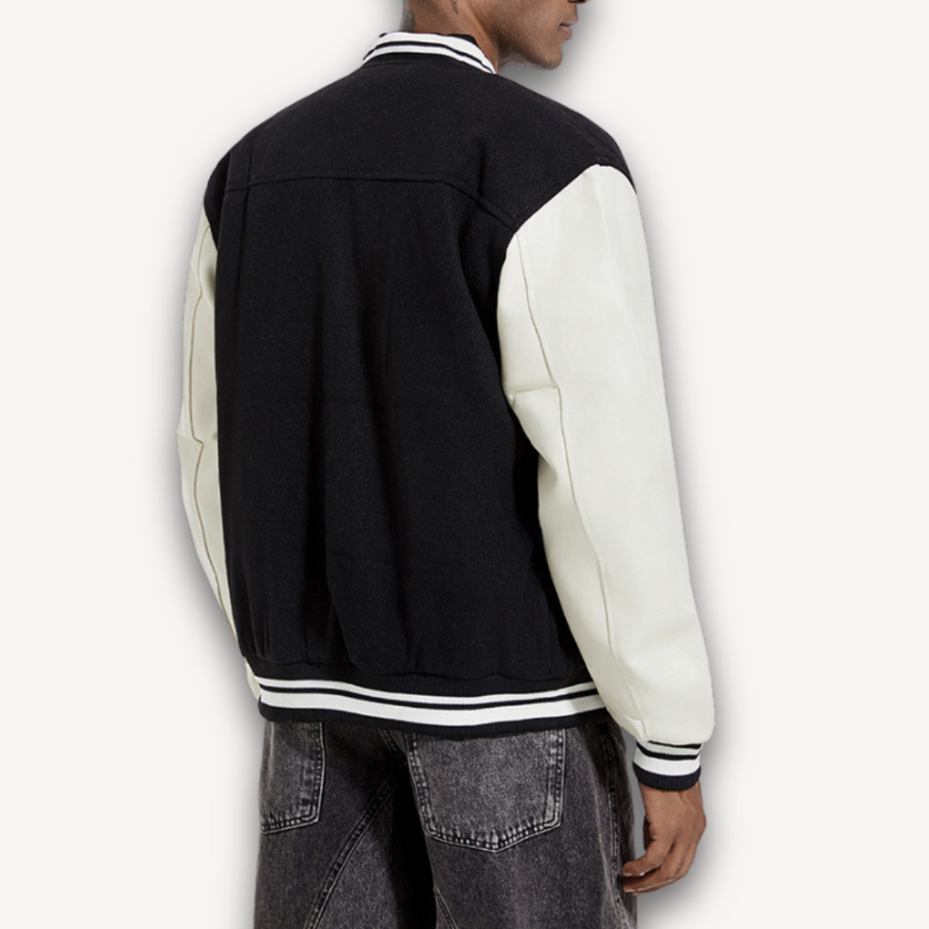 Clara Vienne | Men's Varsity Jacket - Wool Blend Body with Faux Leather Sleeves - Classic Letterman Style