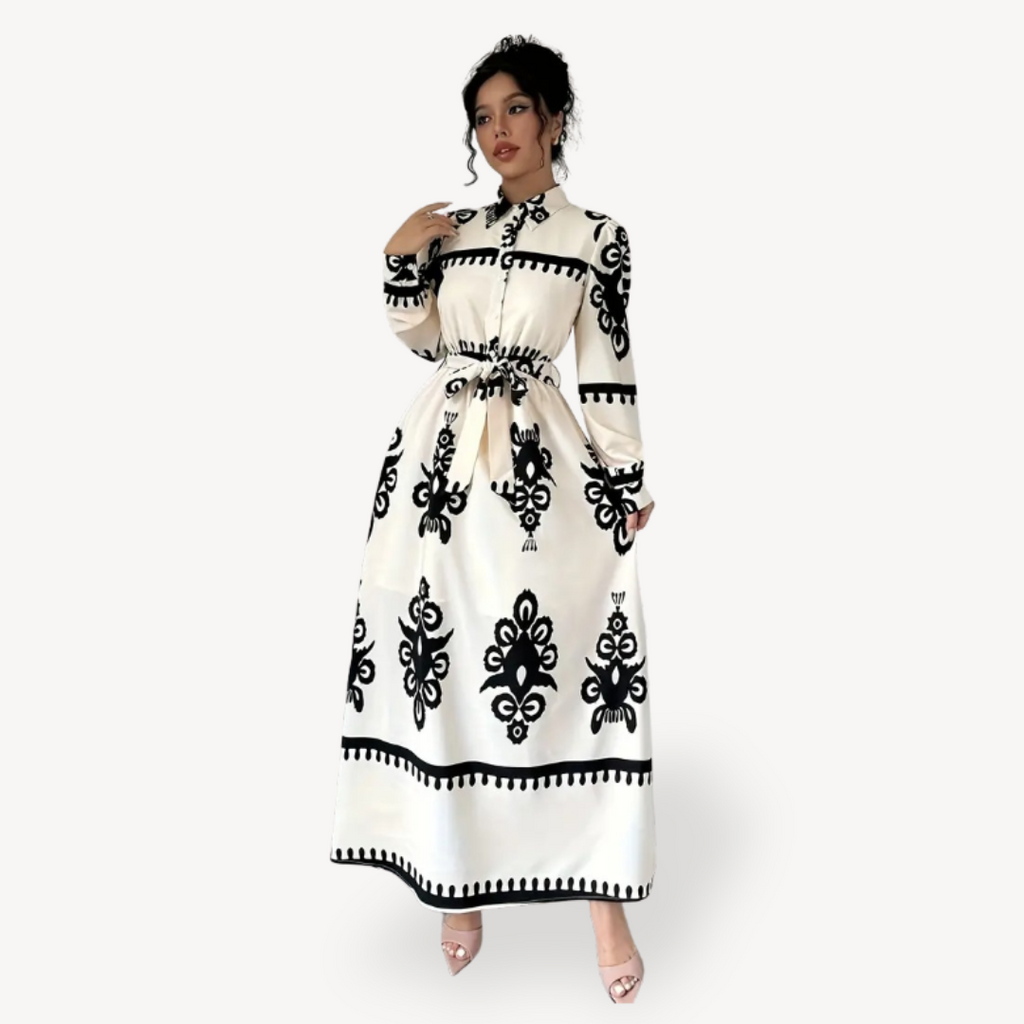 Black and White Floral Printed Maxi Dress with Belt for Women | Clara Vienne