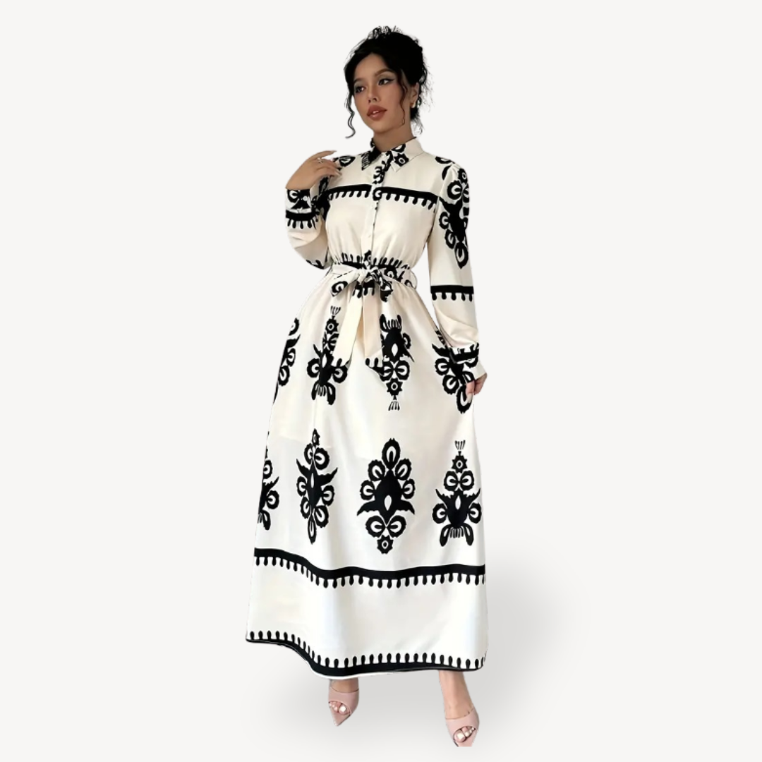 Black and White Floral Printed Maxi Dress with Belt for Women | Clara Vienne
