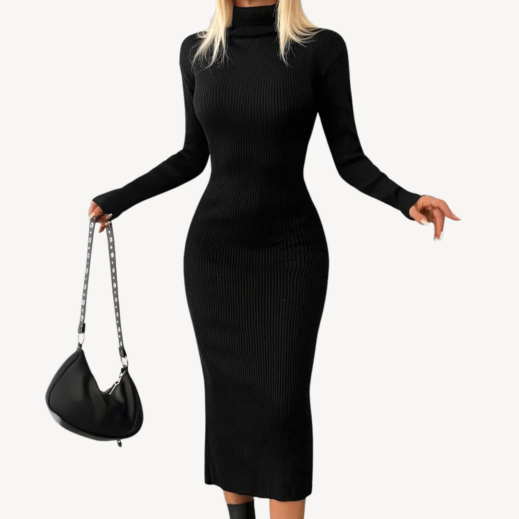 Black Ribbed Knit Turtleneck Dress for Women | Clara Vienne