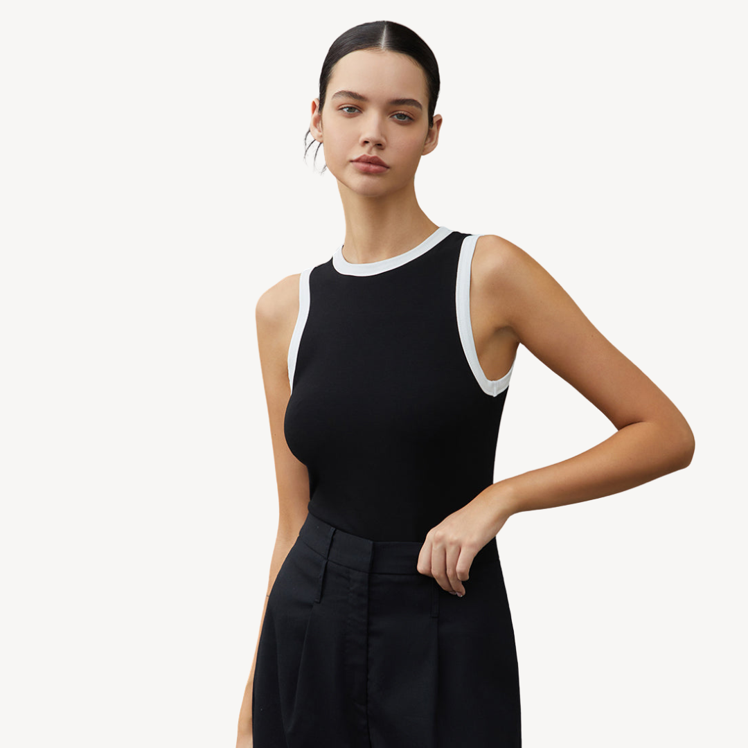 Black Sleeveless Tank Top with White Trim for Women | Clara Vienne