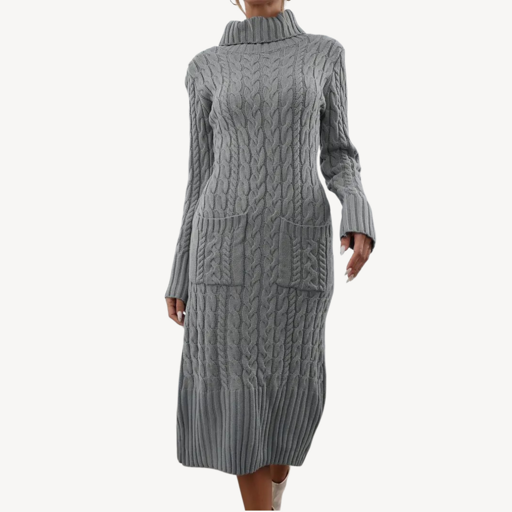 Grey Cable Knit Turtleneck Dress | Clara Vienne