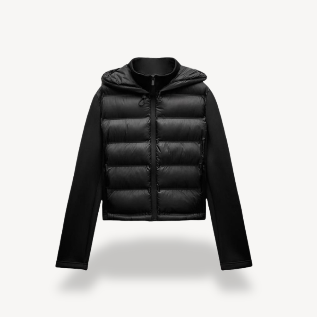 Black Puffer Jacket with Hoodie for Women | Clara Vienne