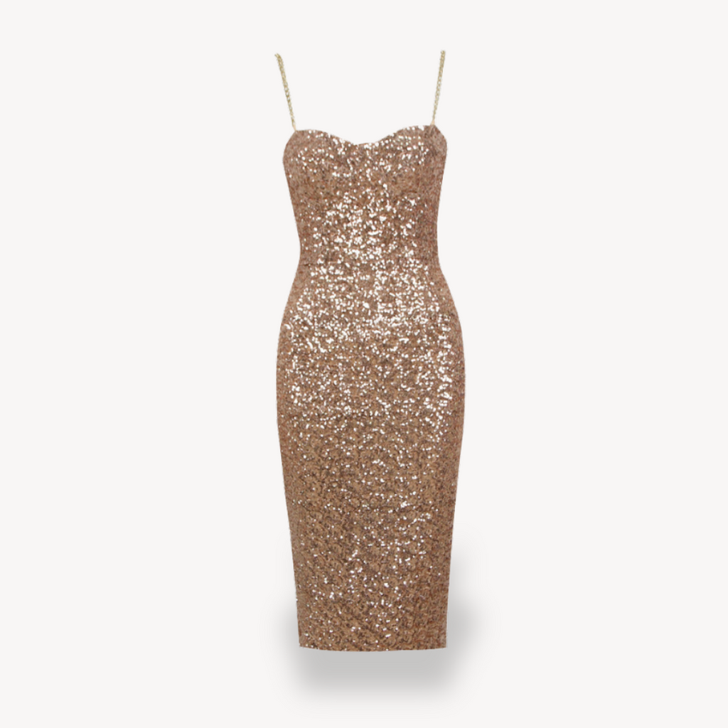 Clara Vienne |  Women's Sequin Midi Dress – Gold Evening Gown
