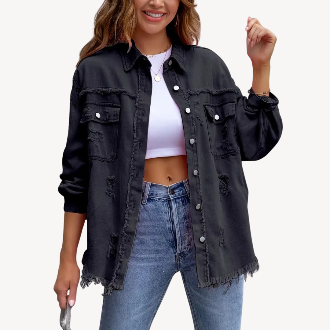 Black Distressed Denim Button-Up Jacket | Clara Vienne