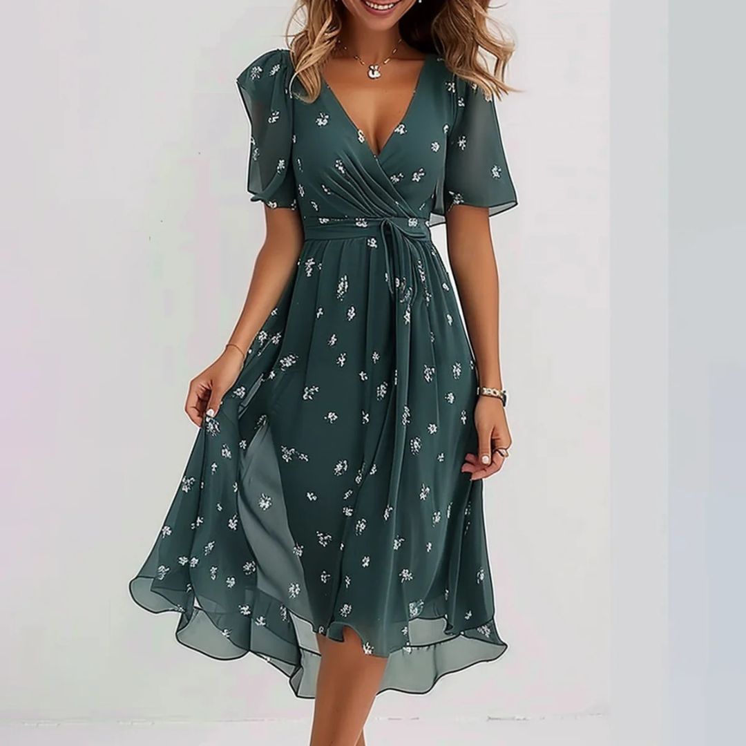 Chiffon Midi Dress Women Green Floral | Clara Vienne