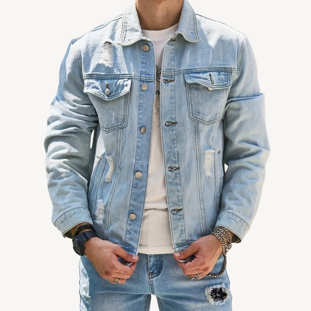 Distressed Light Blue Denim Jacket for Men | Clara Vienne