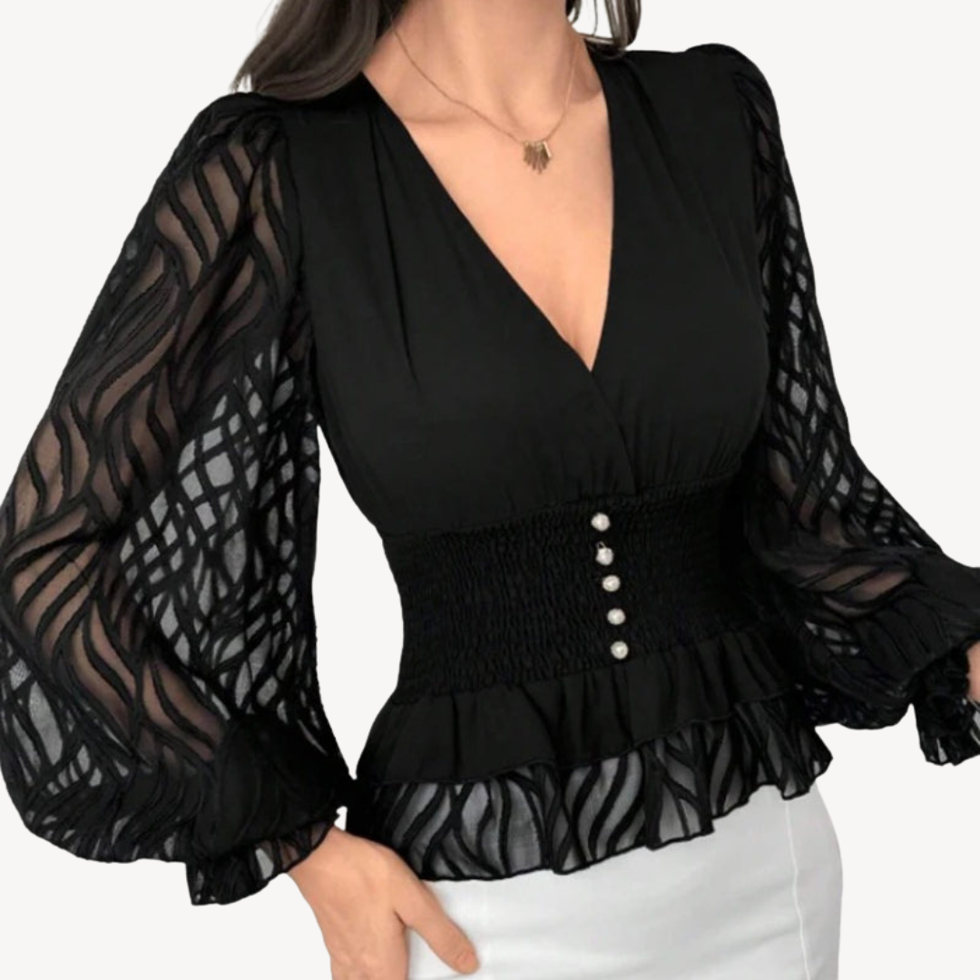 Black Sheer Sleeve Peplum Top | Clara Vienne