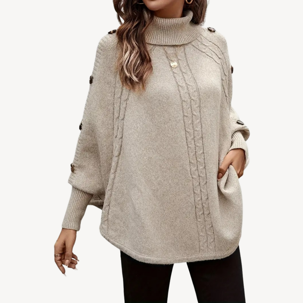 Cable Knit Poncho Sweater with Button Detail for Women | Clara Vienne