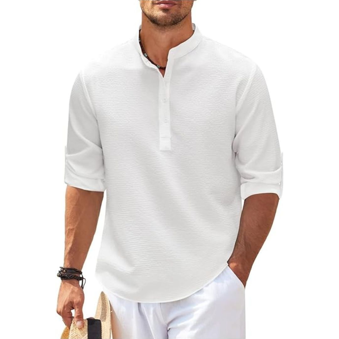 Men's Casual Linen Stand Collar Shirt | Clara Vienne