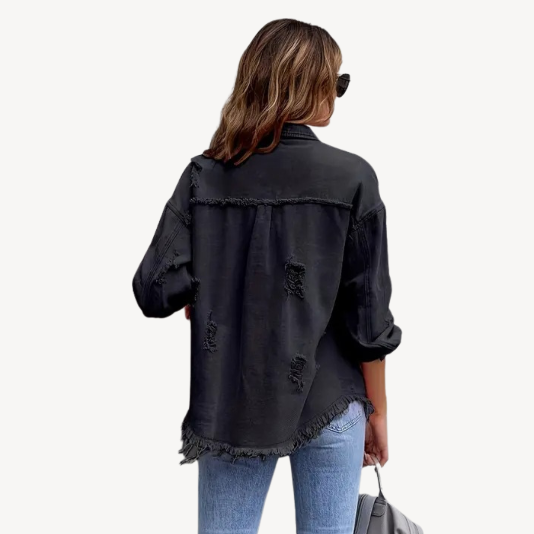 Black Distressed Denim Button-Up Jacket | Clara Vienne