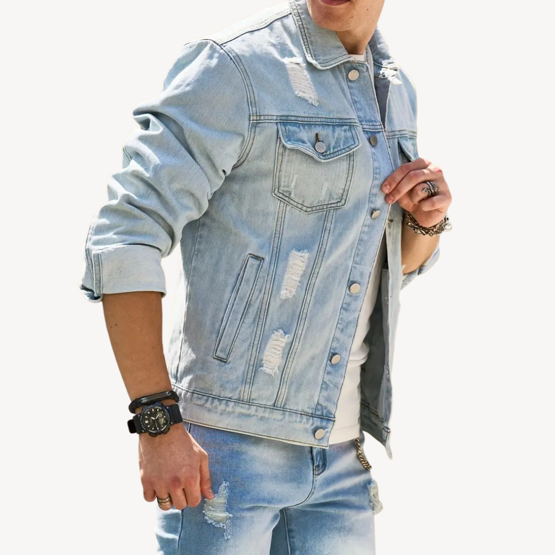 Distressed Light Blue Denim Jacket for Men | Clara Vienne