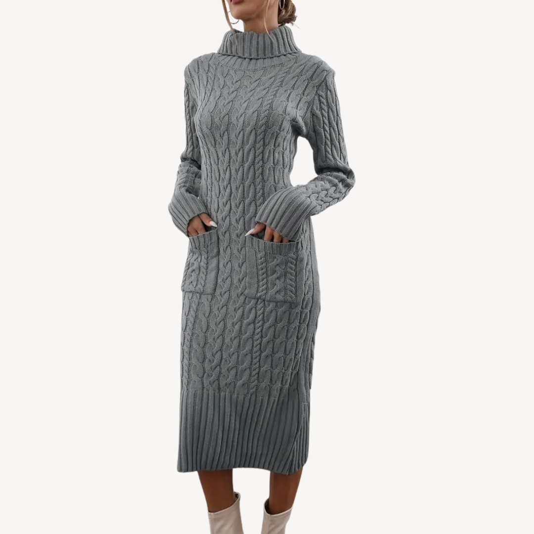Grey Cable Knit Turtleneck Dress | Clara Vienne