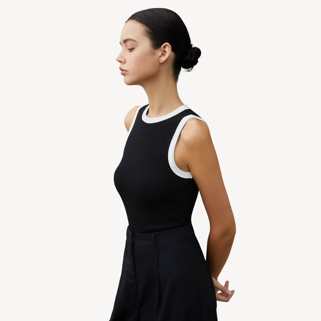 Black Sleeveless Tank Top with White Trim for Women | Clara Vienne