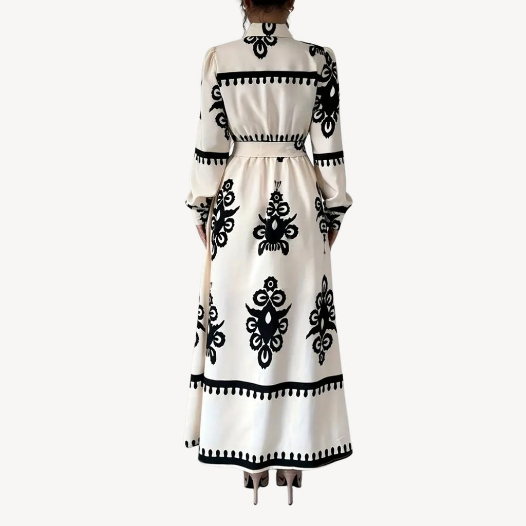 Black and White Floral Printed Maxi Dress with Belt for Women | Clara Vienne