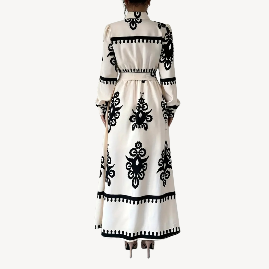 Black and White Floral Printed Maxi Dress with Belt for Women | Clara Vienne