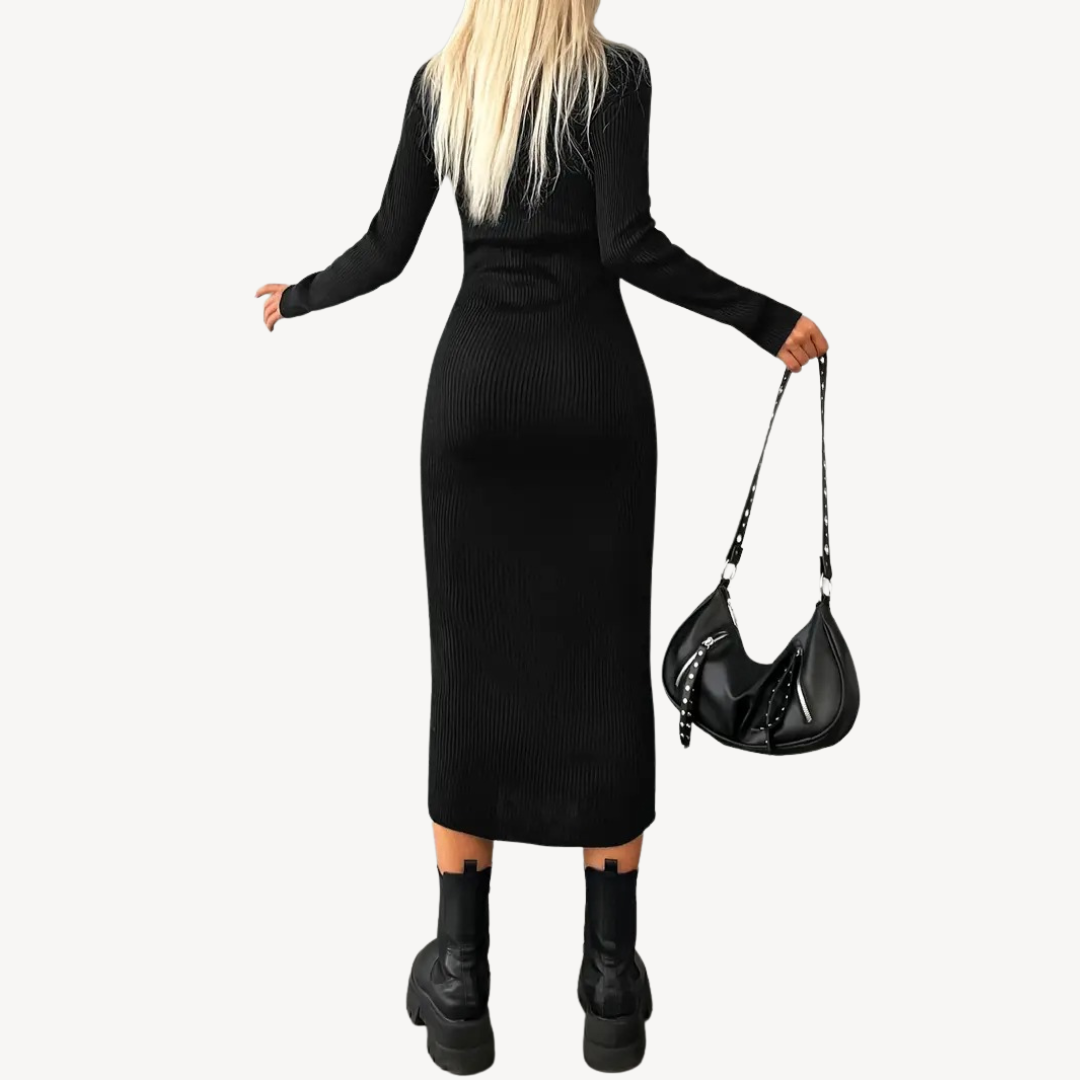 Black Ribbed Knit Turtleneck Dress for Women | Clara Vienne