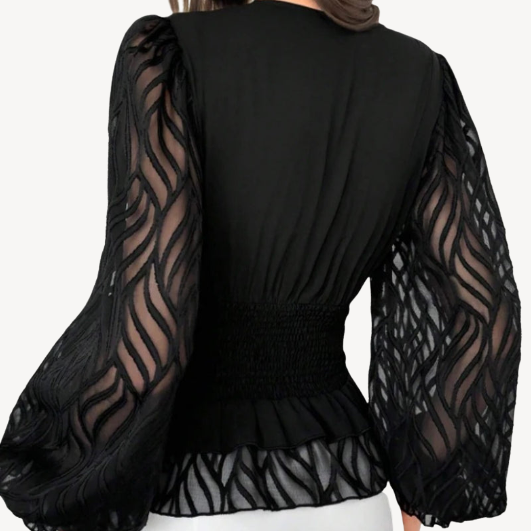 Black Sheer Sleeve Peplum Top | Clara Vienne