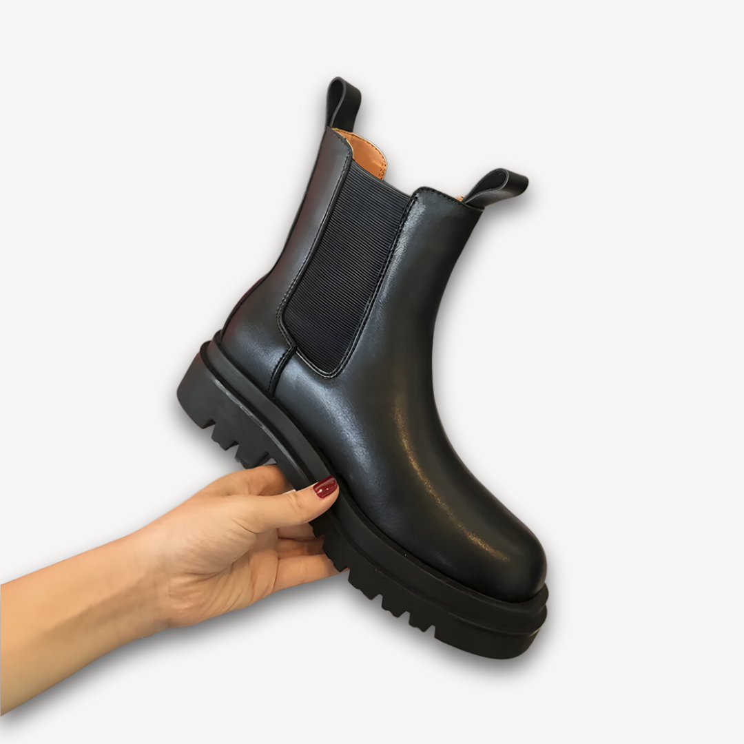 Clara Vienne | Woman’s Black Leather Chelsea Boots - Chunky Sole, Slip-On, Durable, Stylish Casual Footwear