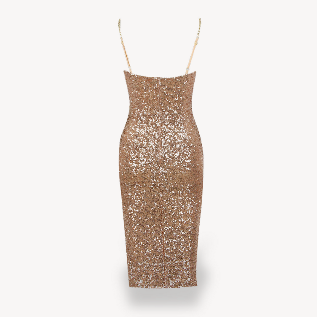 Clara Vienne |  Women's Sequin Midi Dress – Gold Evening Gown