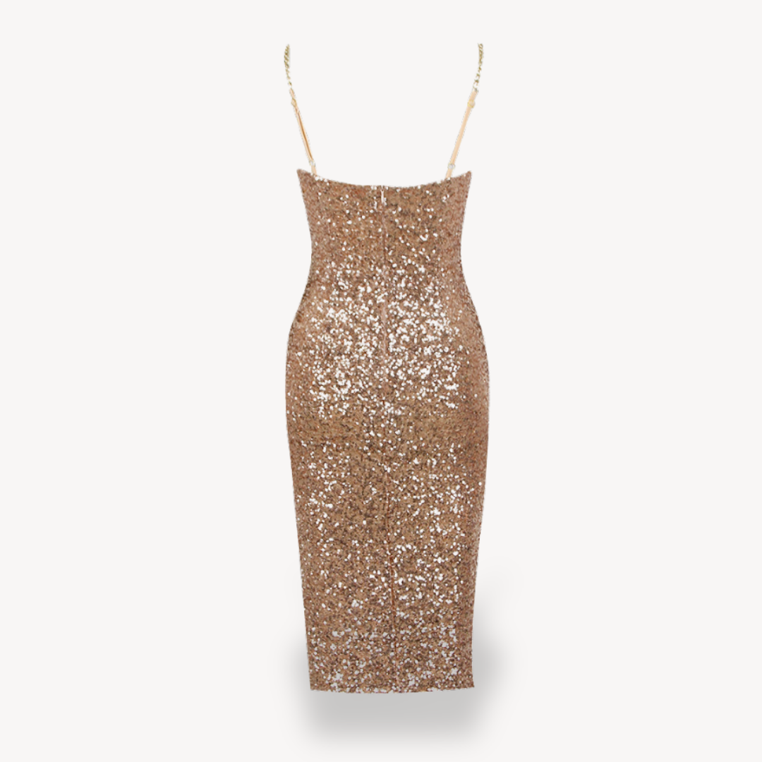 Clara Vienne |  Women's Sequin Midi Dress – Gold Evening Gown