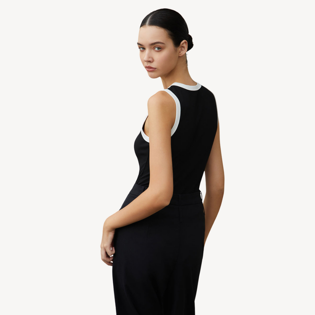 Black Sleeveless Tank Top with White Trim for Women | Clara Vienne