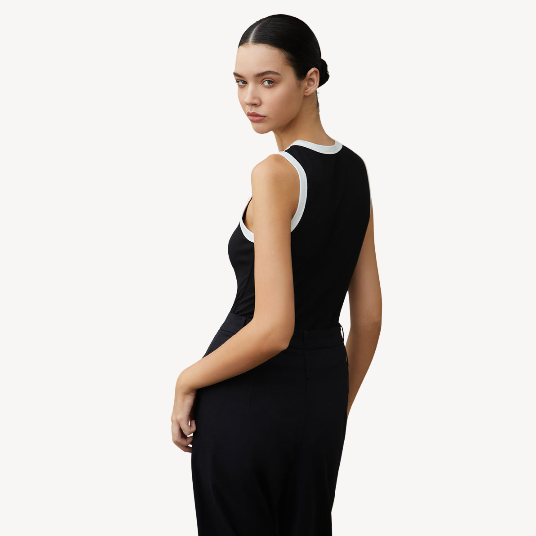 Black Sleeveless Tank Top with White Trim for Women | Clara Vienne