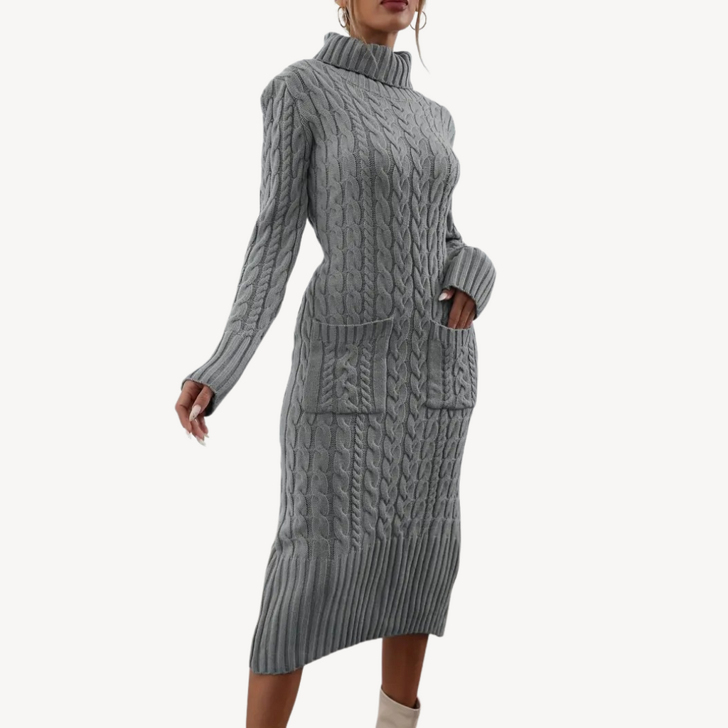 Grey Cable Knit Turtleneck Dress | Clara Vienne