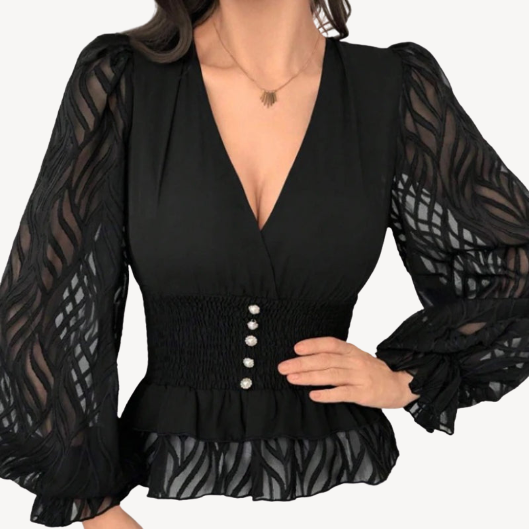 Black Sheer Sleeve Peplum Top | Clara Vienne