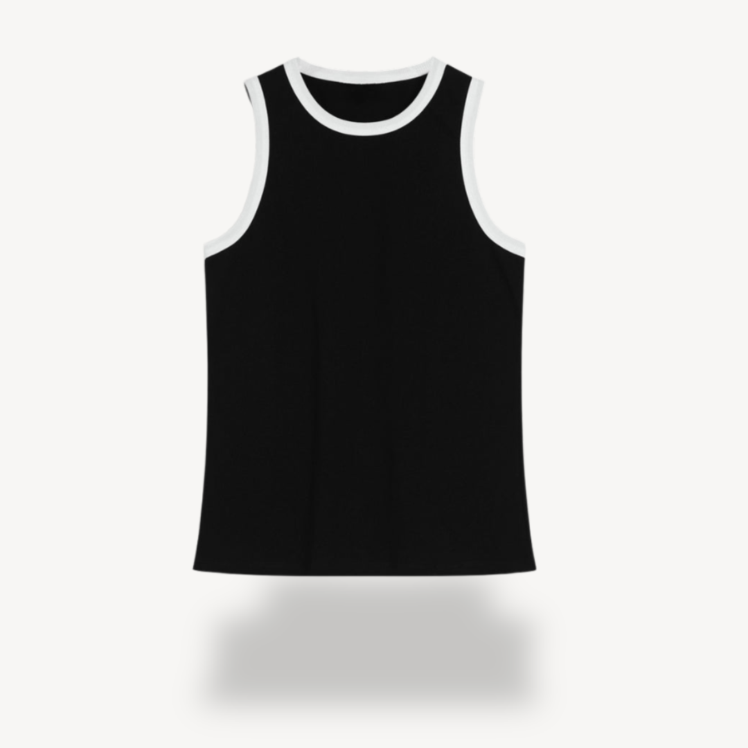 Black Sleeveless Tank Top with White Trim for Women | Clara Vienne