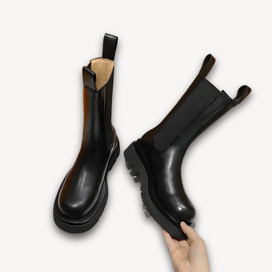 Clara Vienne | Woman’s Black Leather Chelsea Boots - Chunky Sole, Slip-On, Durable, Stylish Casual Footwear