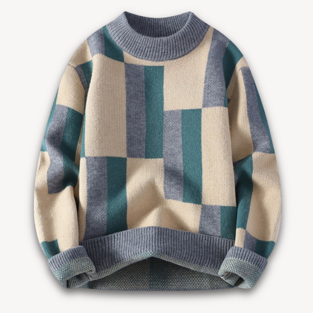 Clara Vienne | Men's Geometric Knit Sweater - Soft Acrylic Blend, Crew Neck, Long Sleeve