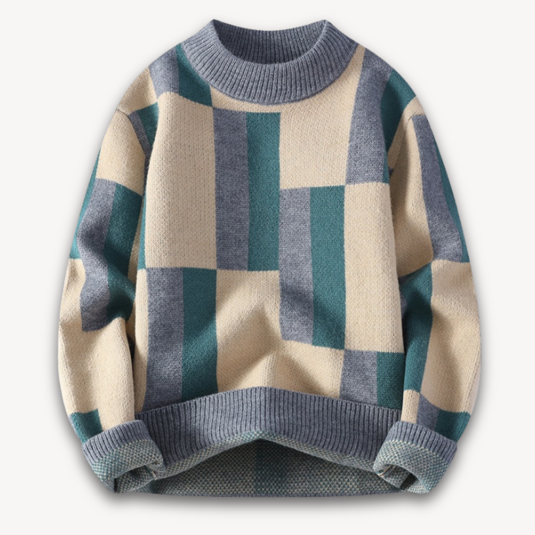 Clara Vienne | Men's Geometric Knit Sweater - Soft Acrylic Blend, Crew Neck, Long Sleeve