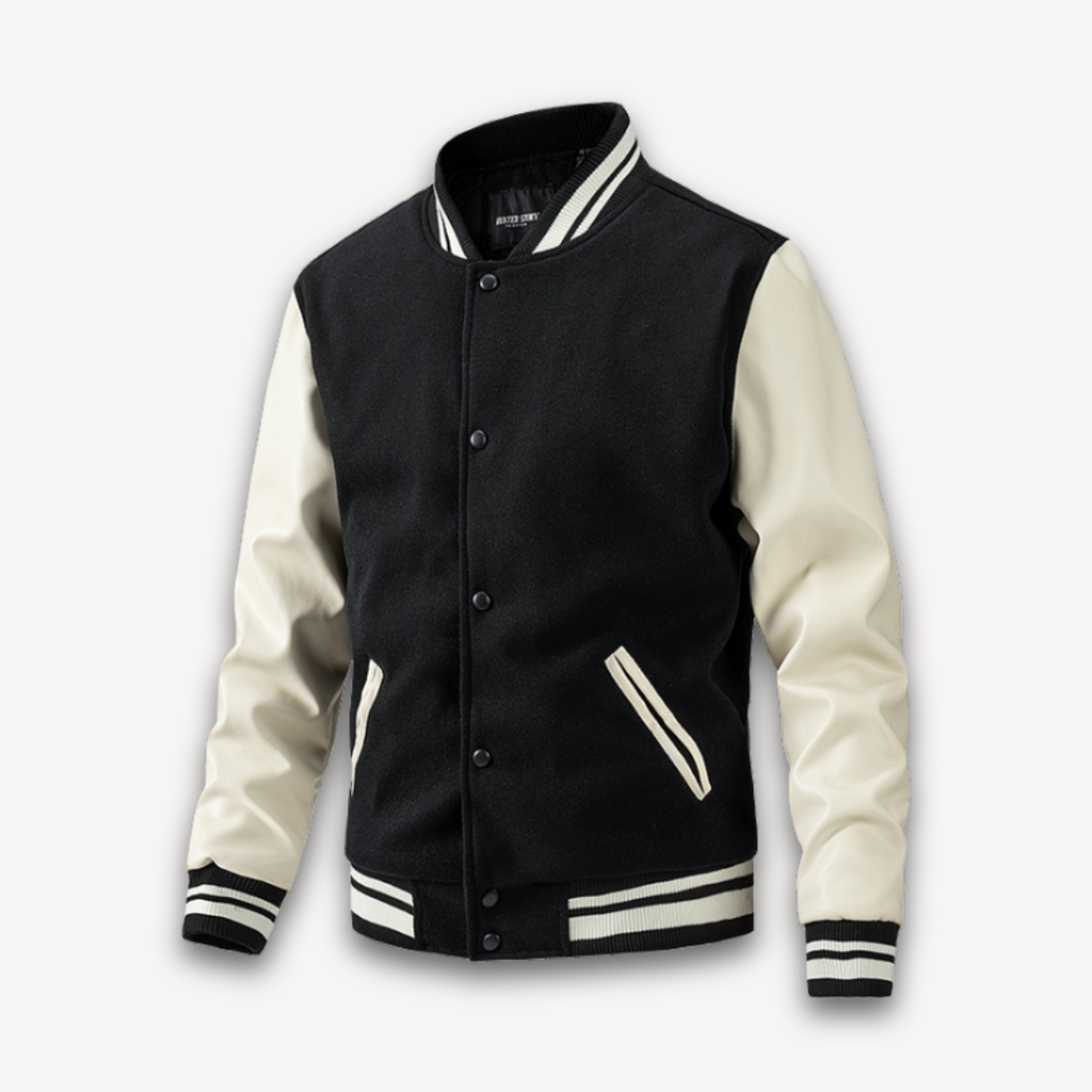 Clara Vienne | Men's Varsity Jacket - Wool Blend Body with Faux Leather Sleeves - Classic Letterman Style