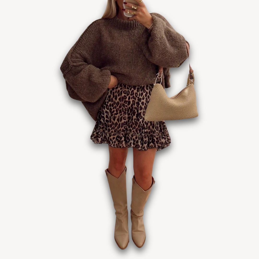 Clara Vienne | Women's Leopard Print Mini Skirt - Ruffle Hem Polyester Partywear