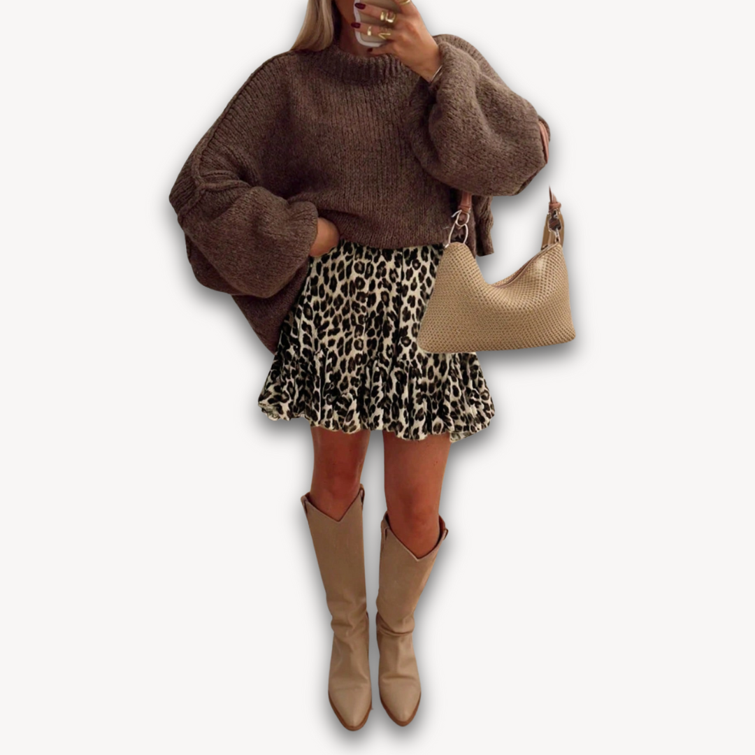 Clara Vienne | Women's Leopard Print Mini Skirt - Ruffle Hem Polyester Partywear