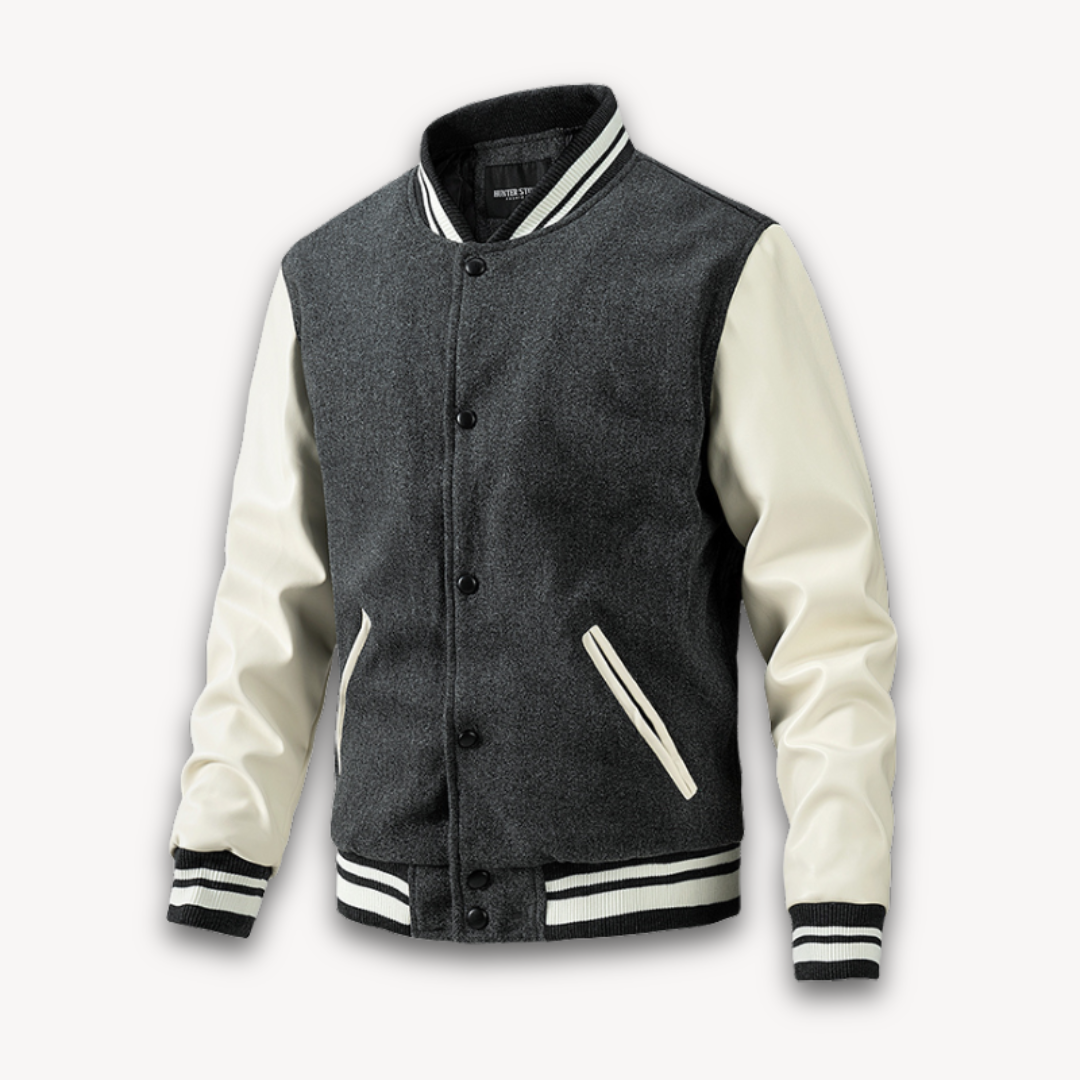 Clara Vienne | Men's Varsity Jacket - Wool Blend Body with Faux Leather Sleeves - Classic Letterman Style