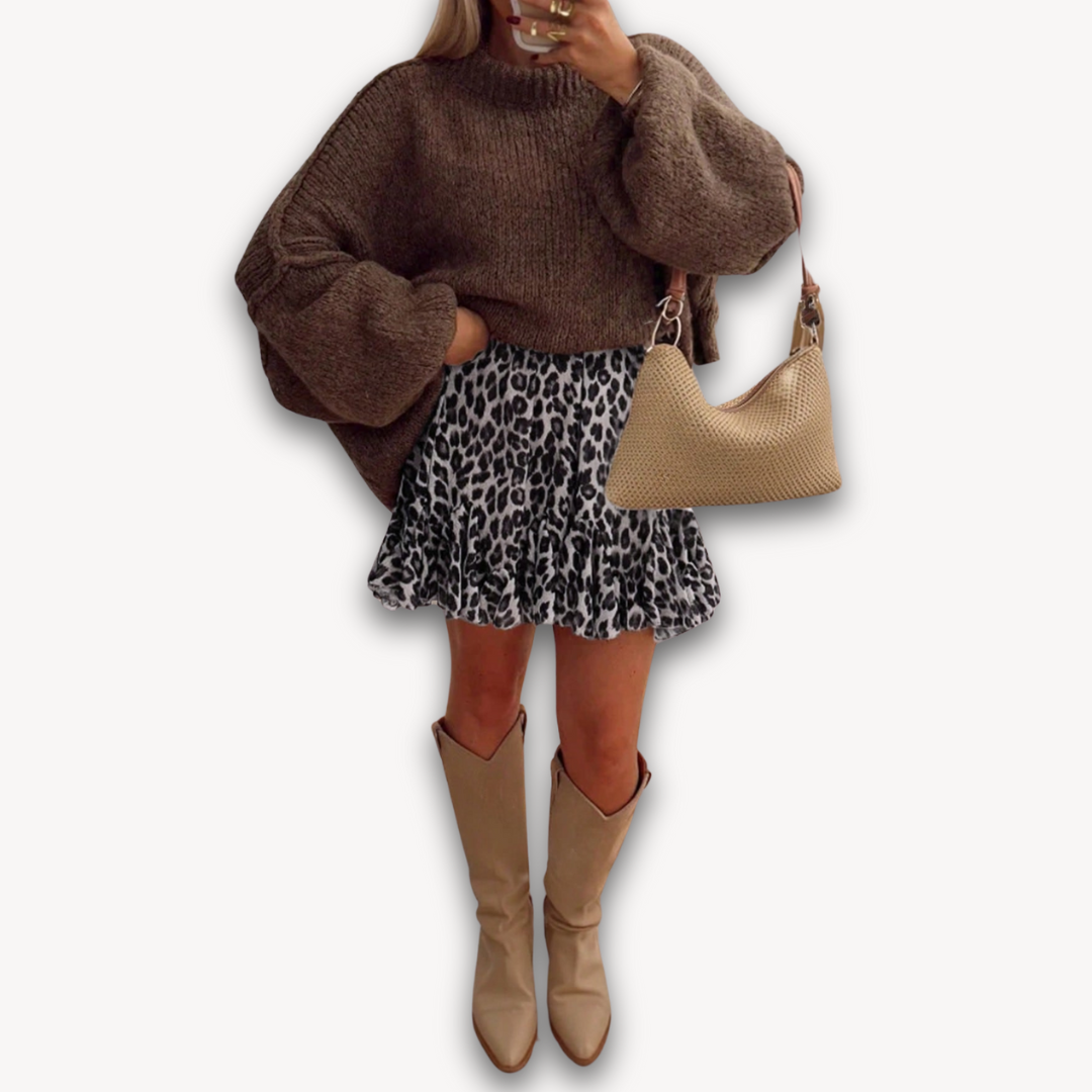 Clara Vienne | Women's Leopard Print Mini Skirt - Ruffle Hem Polyester Partywear