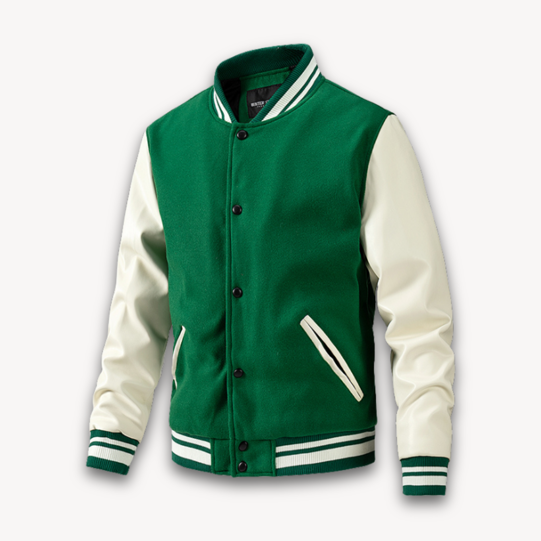 Clara Vienne | Men's Varsity Jacket - Wool Blend Body with Faux Leather Sleeves - Classic Letterman Style