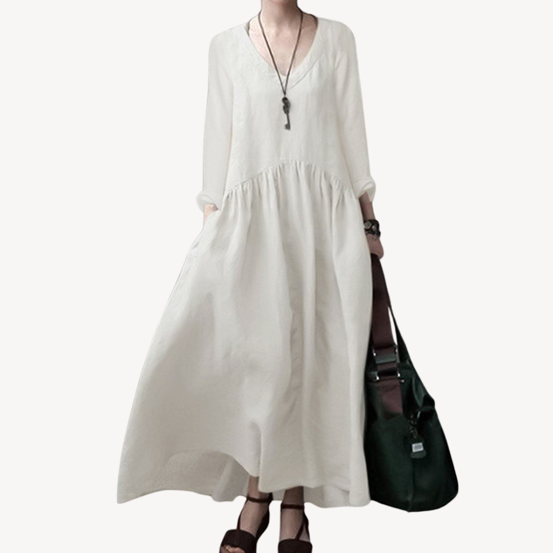 Linen Maxi Dress Women V-Neck Long Sleeve | Clara Vienne