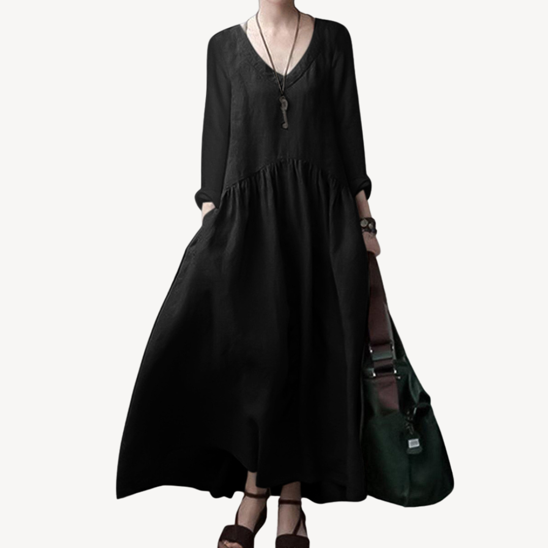 Linen Maxi Dress Women V-Neck Long Sleeve | Clara Vienne