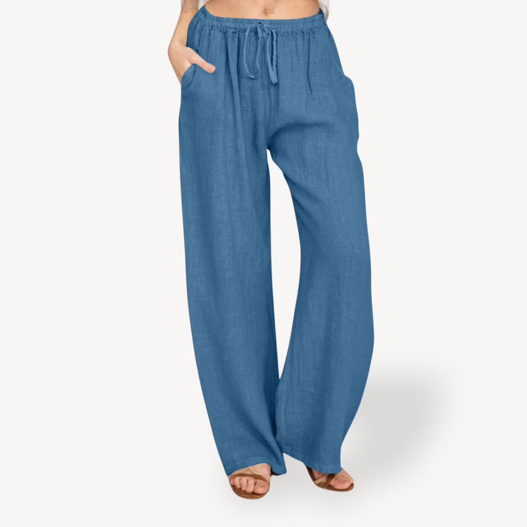 Clara Vienne | Women's Linen Wide-Leg Pants - Drawstring, Casual