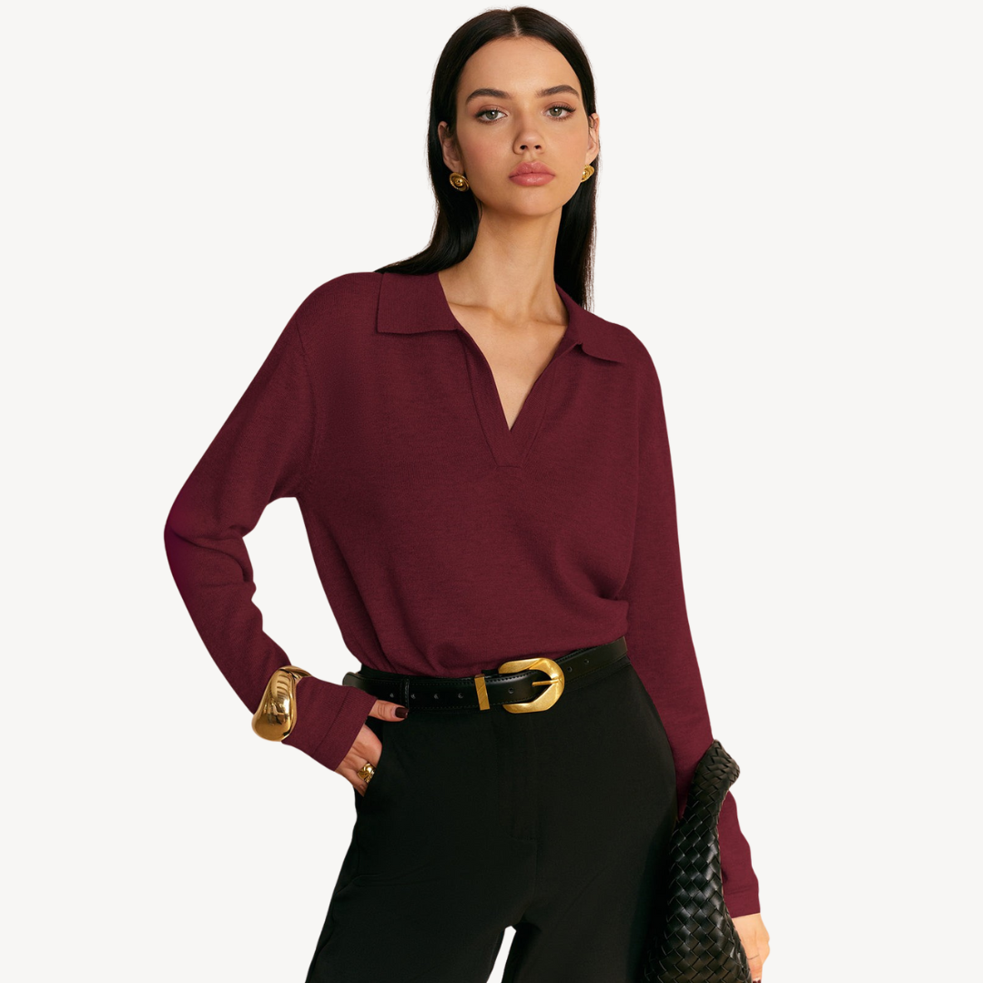 Knit Long Sleeve Polo V-Neck Sweater Women | Clara Vienne