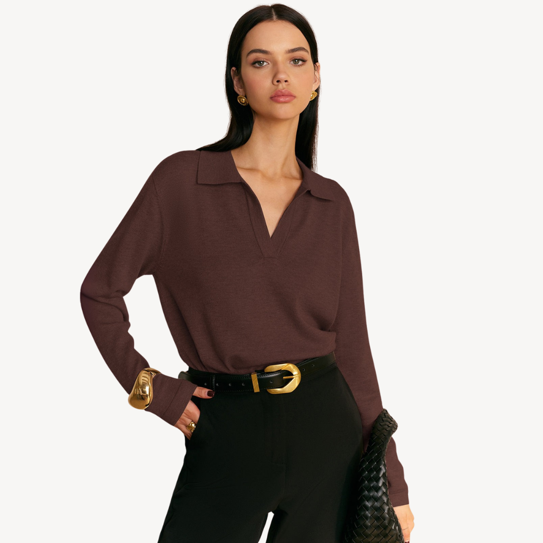 Knit Long Sleeve Polo V-Neck Sweater Women | Clara Vienne