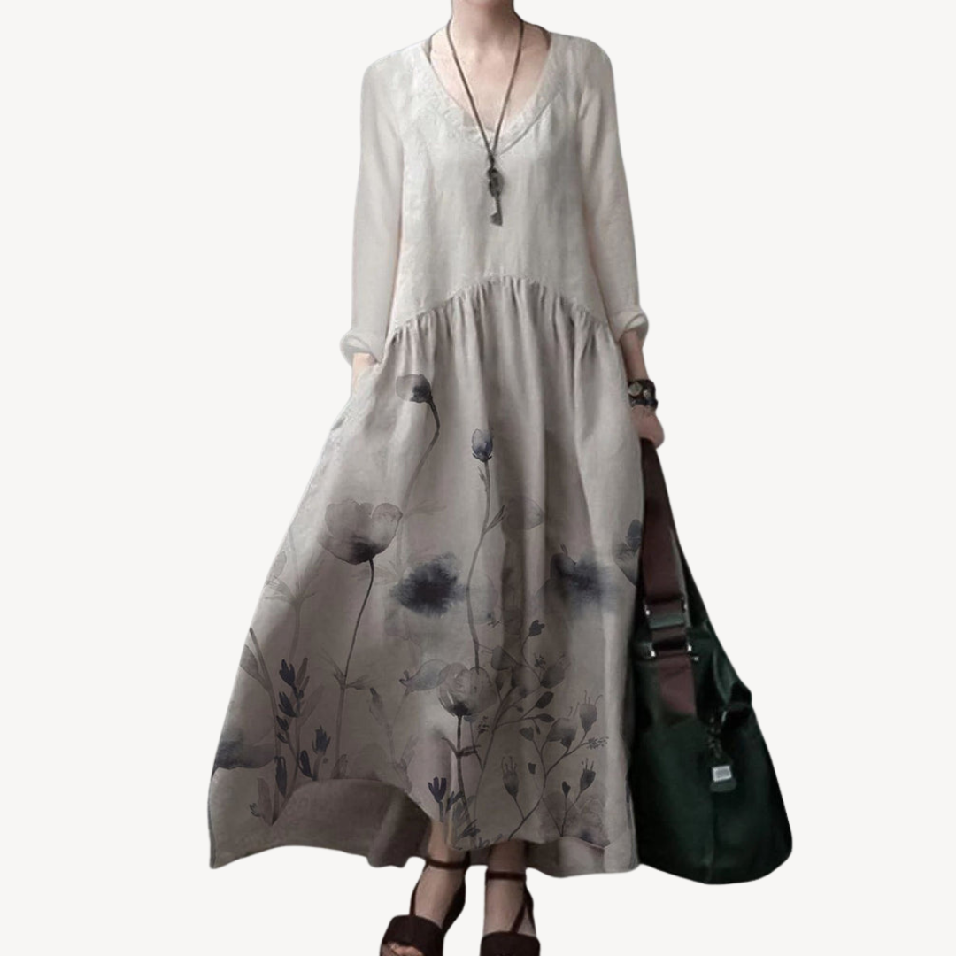 Linen Maxi Dress Women V-Neck Long Sleeve | Clara Vienne