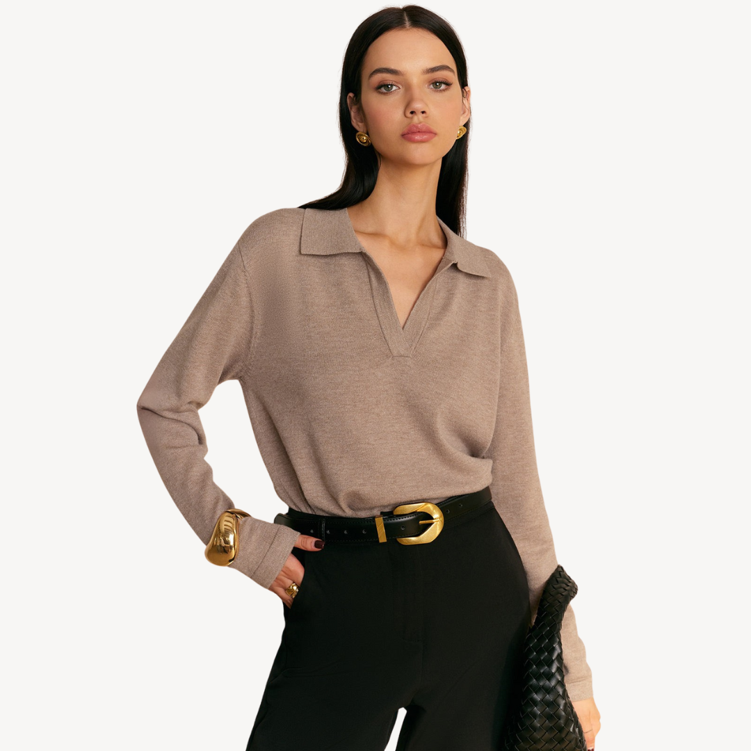 Knit Long Sleeve Polo V-Neck Sweater Women | Clara Vienne