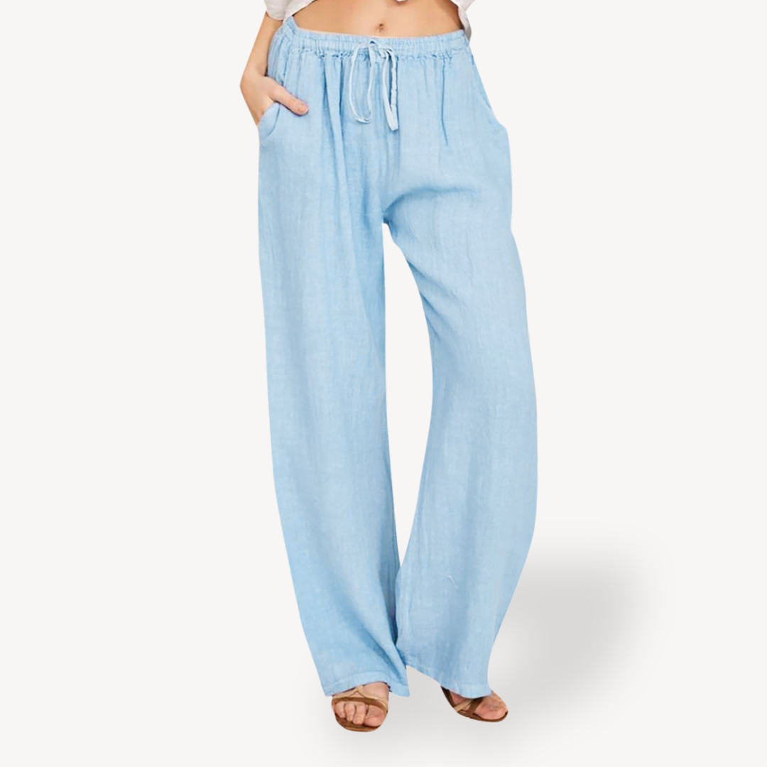 Clara Vienne | Women's Linen Wide-Leg Pants - Drawstring, Casual