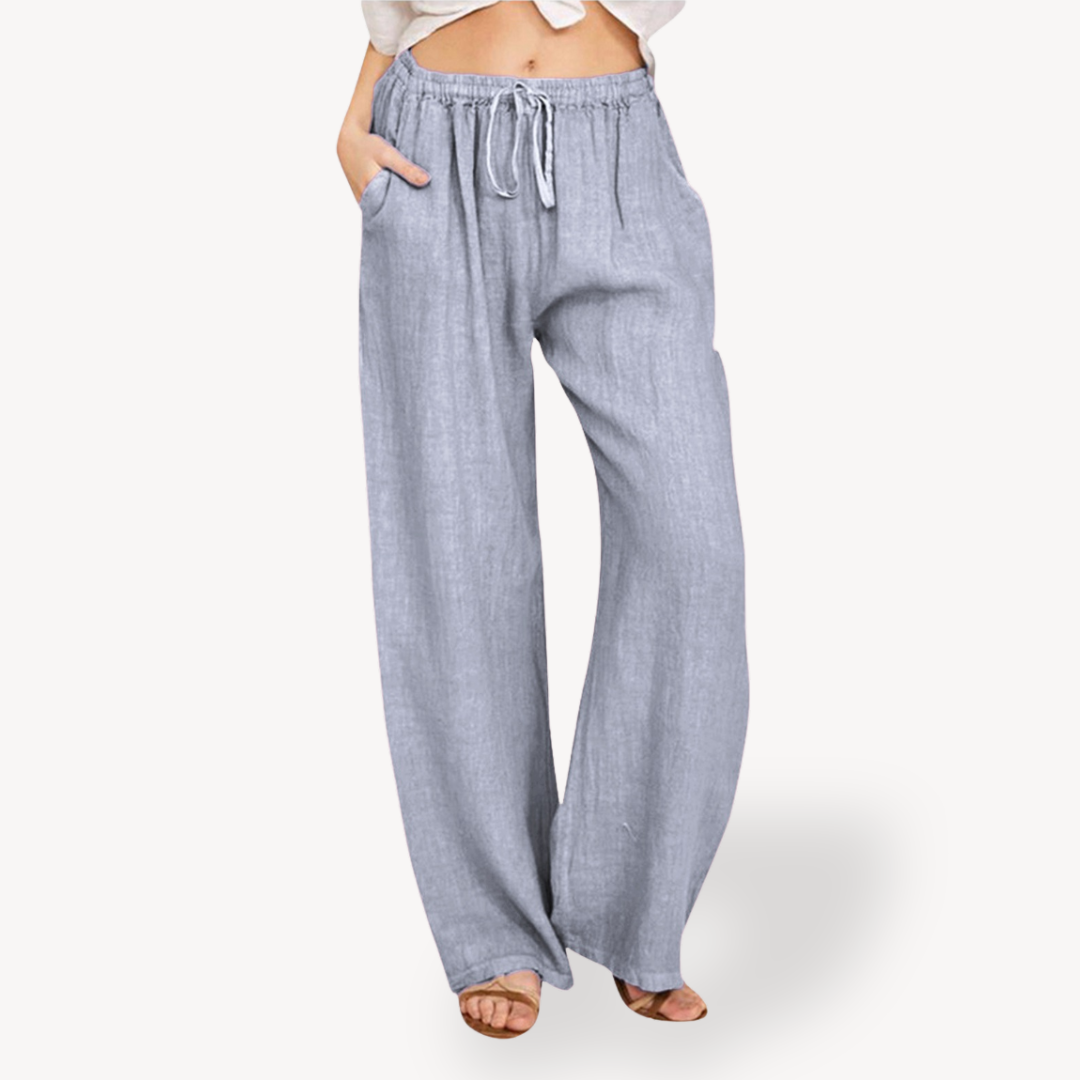 Clara Vienne | Women's Linen Wide-Leg Pants - Drawstring, Casual