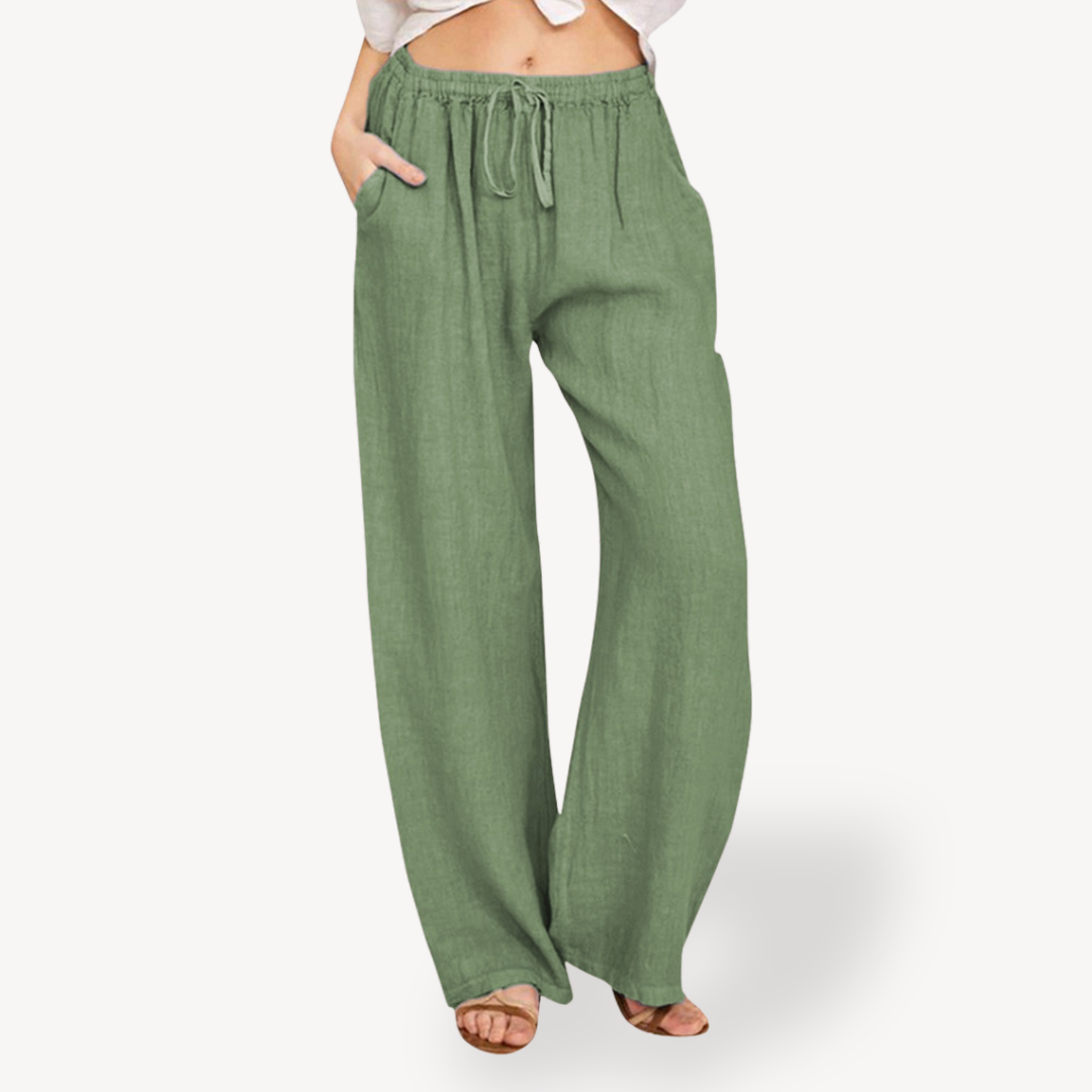 Clara Vienne | Women's Linen Wide-Leg Pants - Drawstring, Casual
